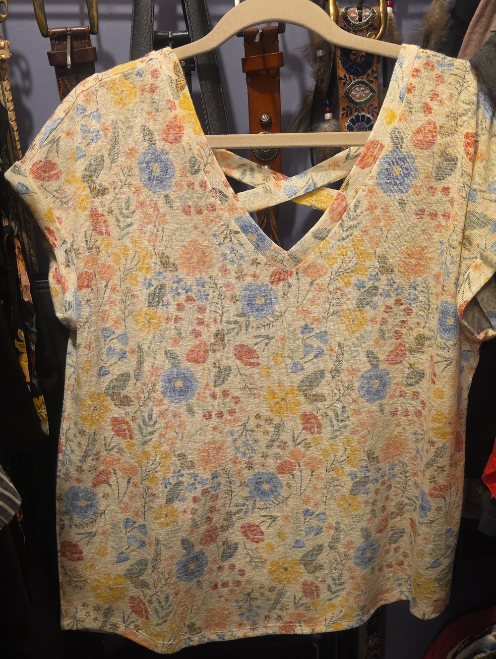 Floral Crisscross V-Neck Women's Top - Cream with Blue & Yellow Flowers